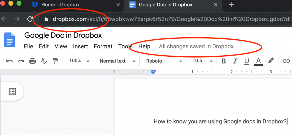 dropbox.com URL remains along with "All changes saved in Dropbox"