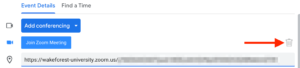 screenshot of icon to delete zoom meeting in google calendar invite.