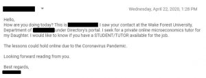 screenshot of phishing email requesting online tutor