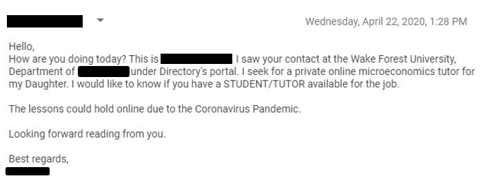 Screenshot of example email requesting an online tutor