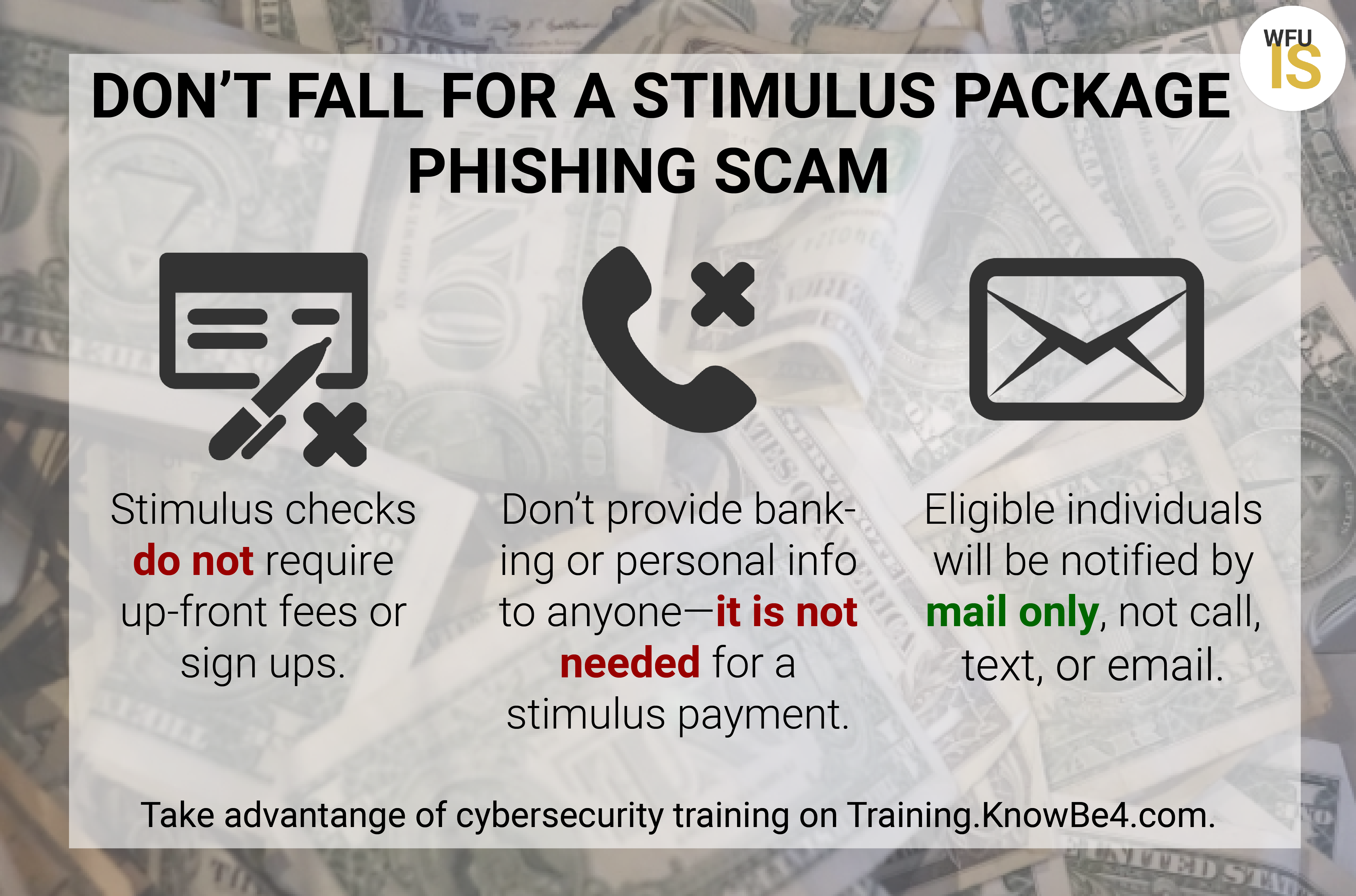 Graphic illustration of text describing how to protect against stimulus package phishing scam