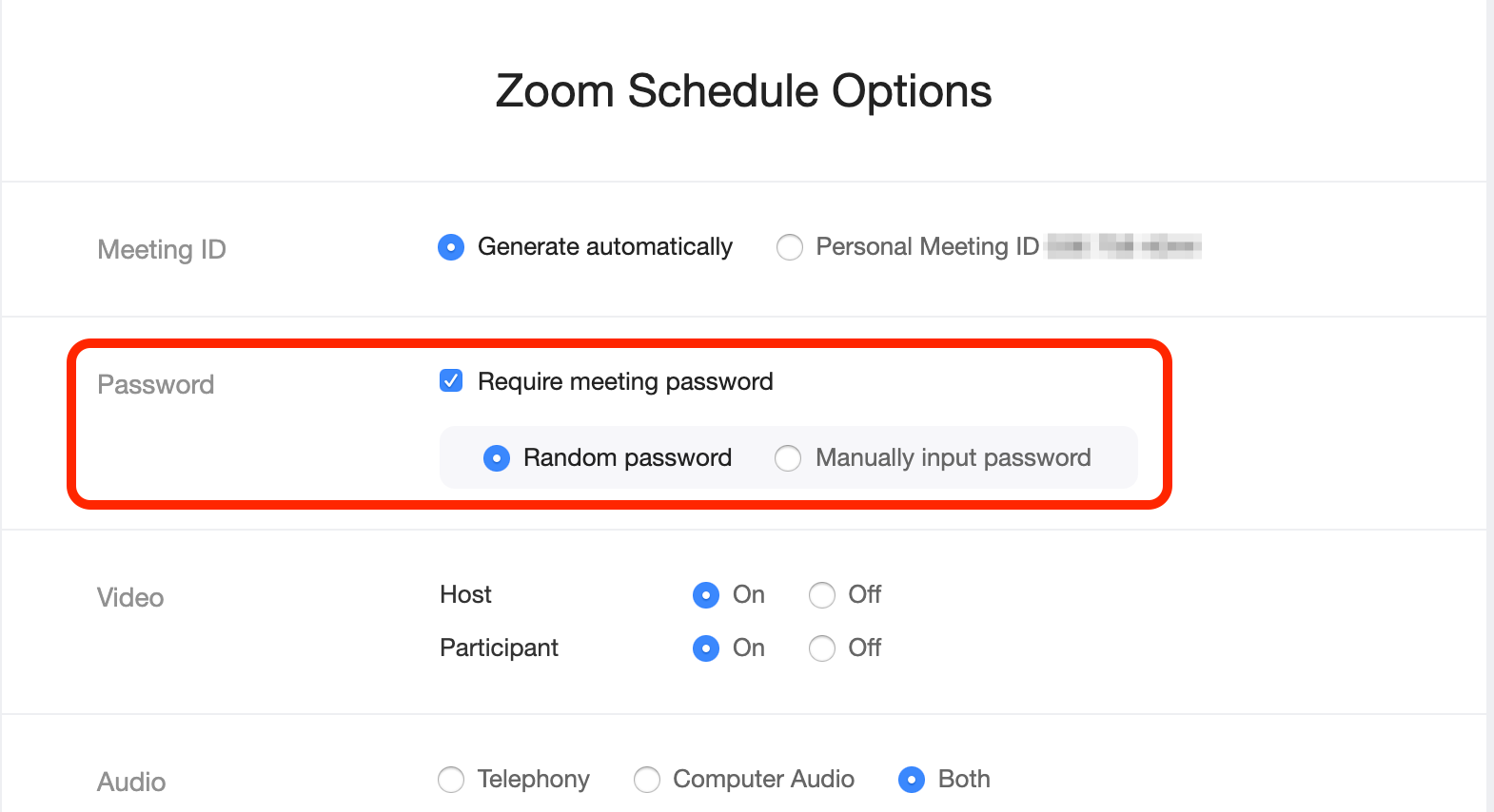 screenshot of Zoom Scheduler - indicate Require Meeting Password