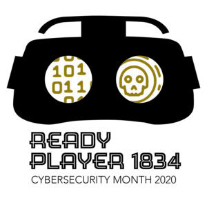 VR googles with binary code and skull icons through the eye lenses