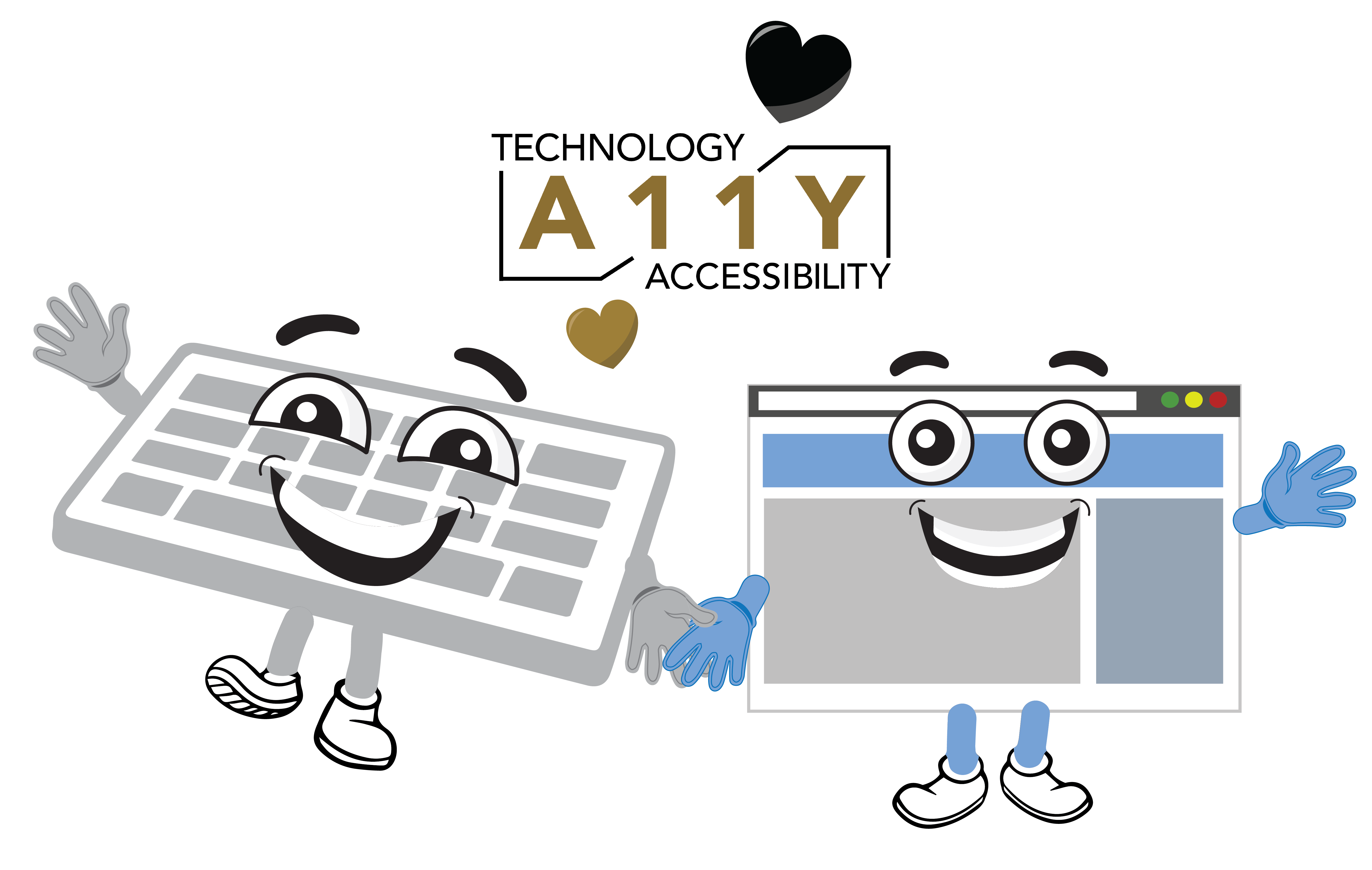 Animated keyboard and animated web browser holding hands with A11Y logo above surrounded by hearts
