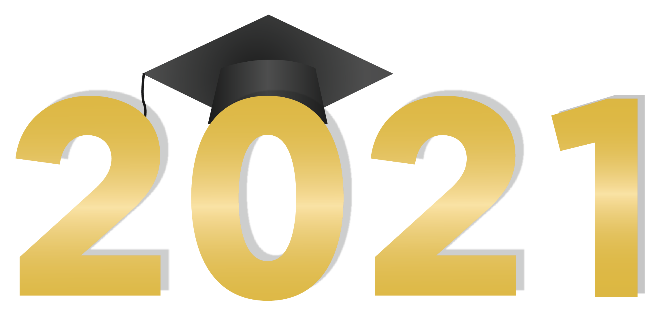 2021 in gold font with a graduation cap on the 0