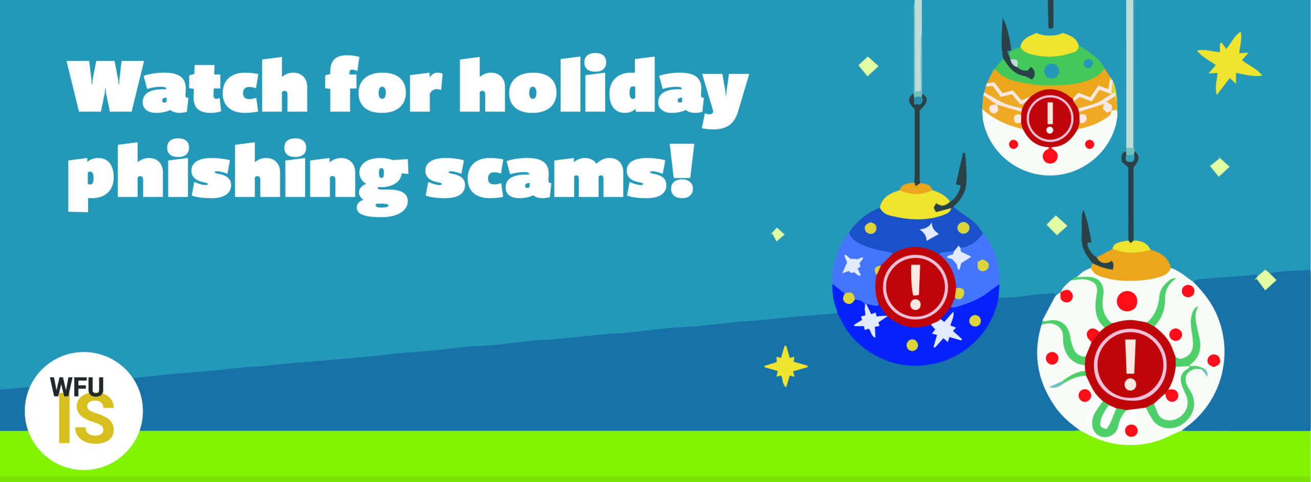 holiday ornaments with fishing hooks to symbolize phishing scams