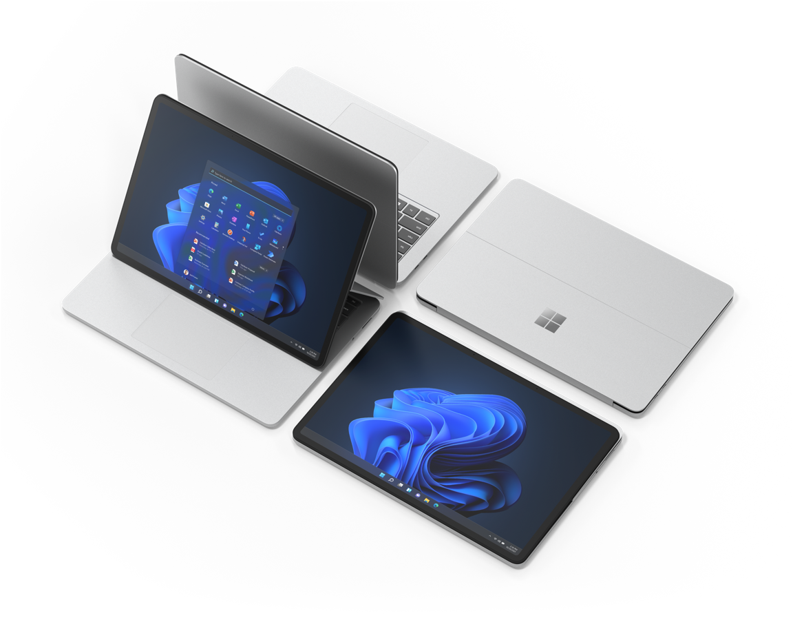 picture of surface displayed in four formats, laptop, tented, tablet mode