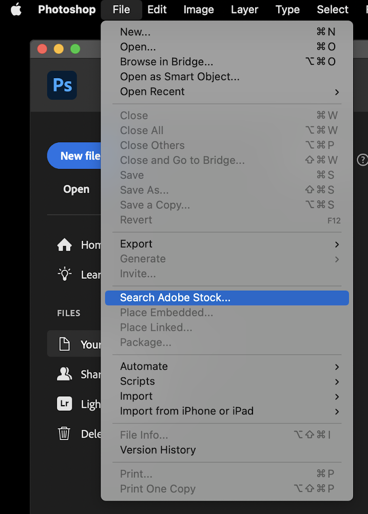 Example of searching process for Adobe Stock in Photoshop