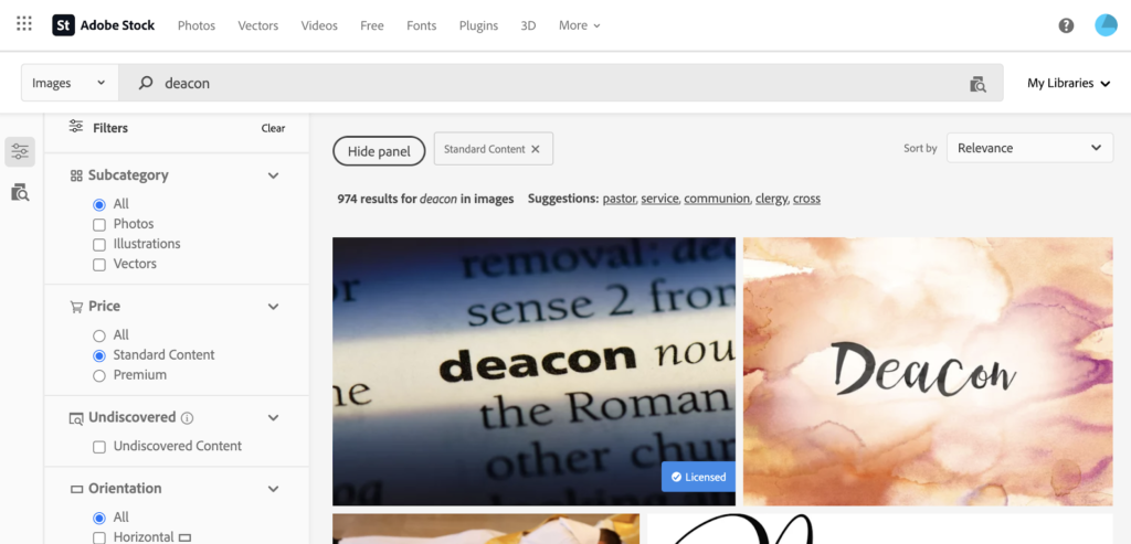 Example of searching for standard licensed content on Adobe Stock 