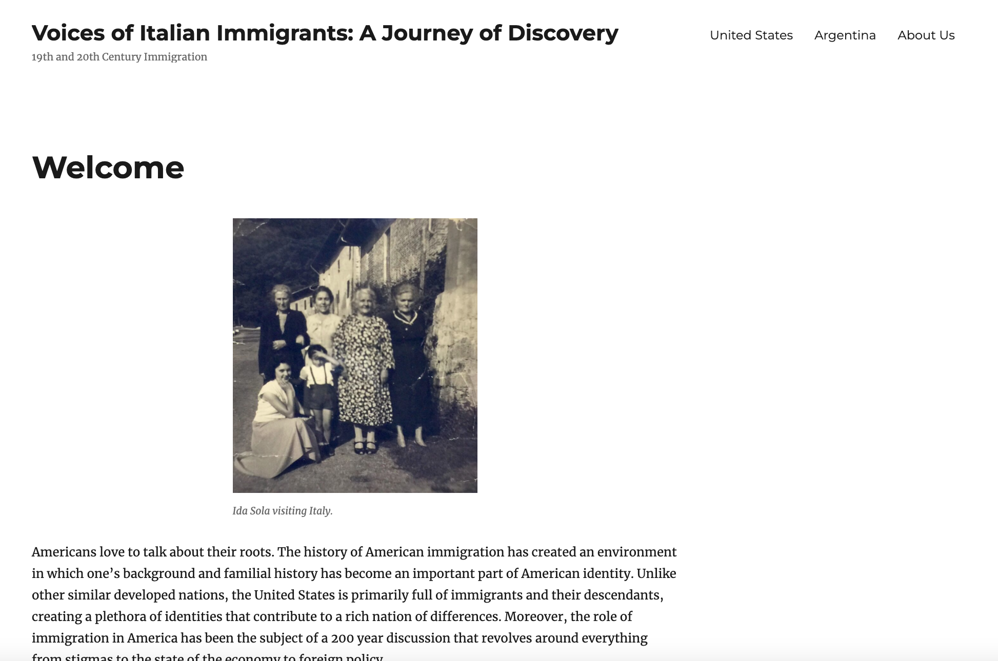Screenshot of a webpage Welcome screen with a picture of Ida Sola visiting Italy