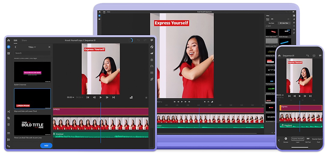 Screenshots of the adobe rush interface