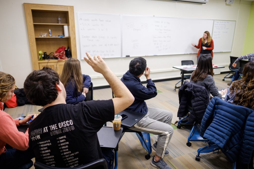 Wake Forest math professor Sarah Mason teaches the students in her first year seminar how to count cards in blackjack, part of the probability curriculum in Mathematical Puzzles and Games, in Tribble Hall on Tuesday, February 19, 2019.