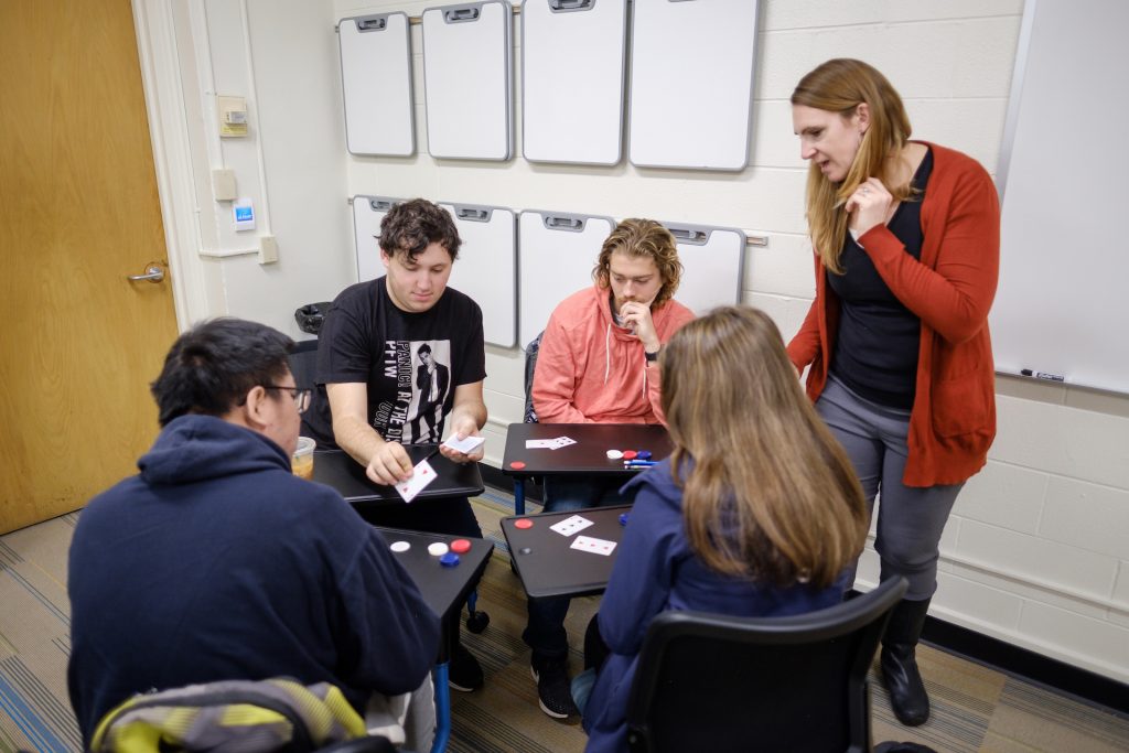 Wake Forest math professor Sarah Mason teaches the students in her first year seminar how to count cards in blackjack, part of the probability curriculum in Mathematical Puzzles and Games, in Tribble Hall on Tuesday, February 19, 2019.