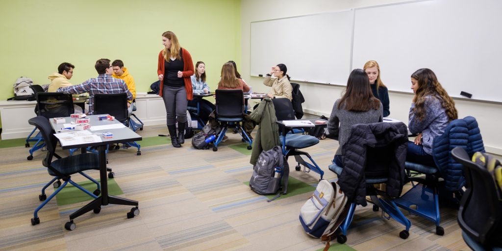 Wake Forest math professor Sarah Mason teaches the students in her first year seminar how to count cards in blackjack, part of the probability curriculum in Mathematical Puzzles and Games, in Tribble Hall on Tuesday, February 19, 2019.