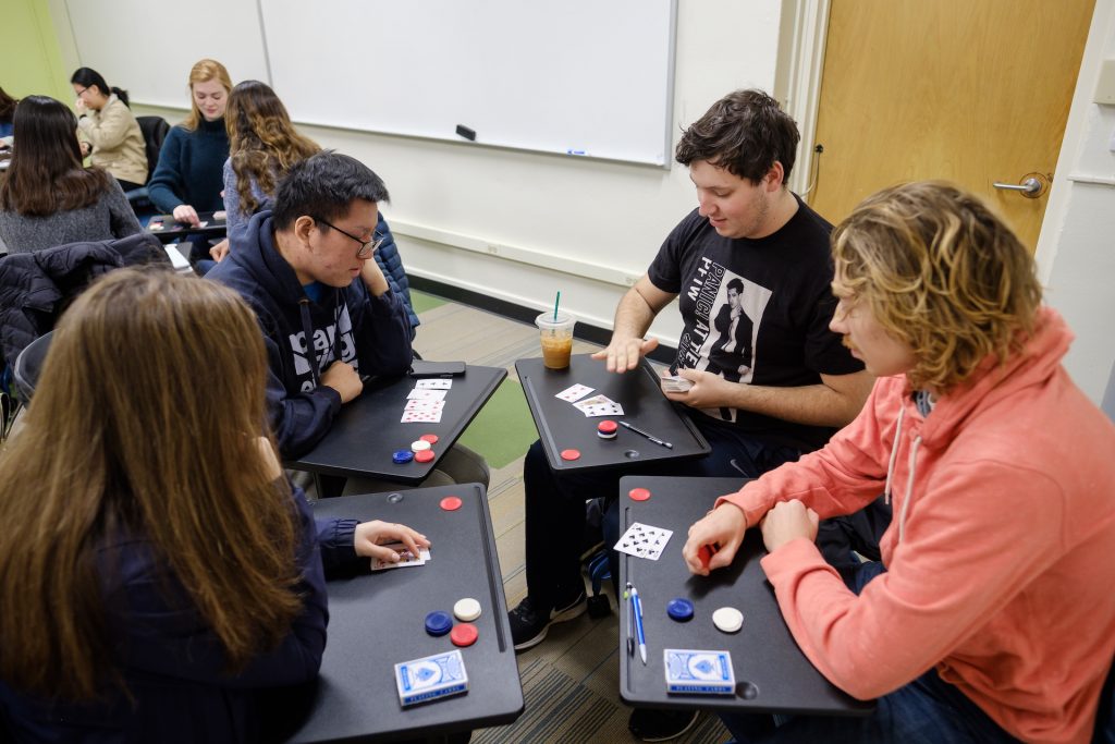 Wake Forest math professor Sarah Mason teaches the students in her first year seminar how to count cards in blackjack, part of the probability curriculum in Mathematical Puzzles and Games, in Tribble Hall on Tuesday, February 19, 2019.
