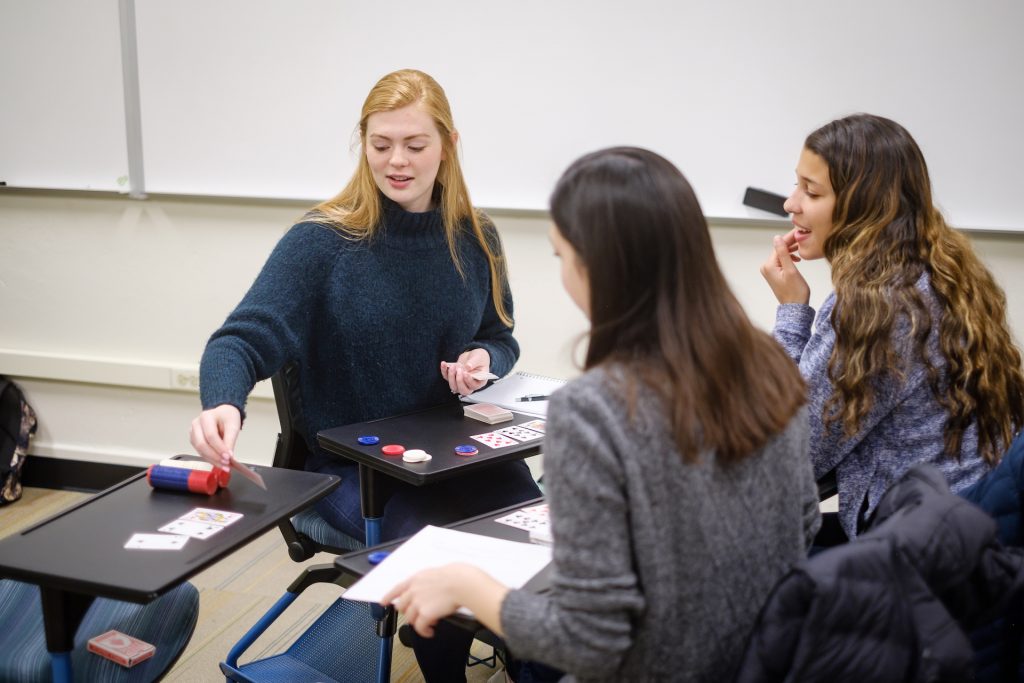 Wake Forest math professor Sarah Mason teaches the students in her first year seminar how to count cards in blackjack, part of the probability curriculum in Mathematical Puzzles and Games, in Tribble Hall on Tuesday, February 19, 2019.